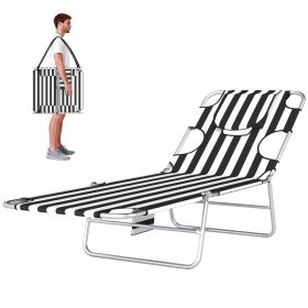 Tanning Chair with Face Hole, 5-Level Adjustable Outdoor Chaise Lounge Chair with Pillow for Beach, Pool, Black Stripe