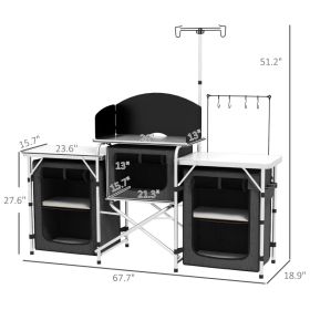 Aluminum Camping Kitchen, Portable Folding Camping Table With Fabric Cupboards, Windshield, Bag For BBQ, Picnic, Black