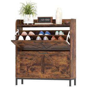 Shoe Cabinet Organizer with 2 Flip Drawers, Legs, Narrow Shoe Storage Cabinet for Entryway, Hallway, Rustic Brown