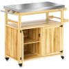 Outdoor Grill Cart w/ Stainless Steel Top, Solid Wood Outdoor Kitchen Island w/ Wheels, Storage Cabinets, Natural Wood