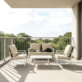Beige 4-Piece Outdoor Patio Furniture Set with Cushions Wicker Conversation Sofa Aluminum Frame for Backyard Poolside Garden