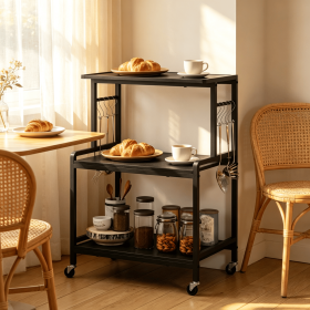 3-Tier Rolling Microwave Stand with Power Outlet Lockable Casters And 10 Hooks Kitchen Storage Organizer Cart