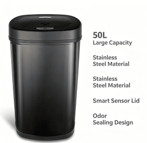 50L Matte Black Stainless Steel Automatic Sensor Trash Can, Touchless Motion Activated Garbage Bin with Sealed Lid, Large Capacity Waste Container fo