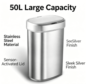 50L Brushed Silver Stainless Steel Automatic Sensor Trash Can, Touchless Motion Activated Garbage Bin with Auto Close Sealed Lid, Large Capacity Wast