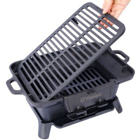 Camping Stove Oval Cast Iron Grill Outdoor, Portable Charcoal Grill and Tabletop Cast Iron Skillet - 100% Cast Iron, Durable, Small Charcoal Grill, H