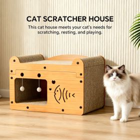 Cat Scratcher House with Bed and 2 Hanging Ball Toys, Wooden Cat Cave with Corrugated Scratching Board, Cute Fish and Heart Design Cat Hideaway Furni