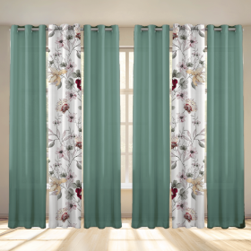6-Panel Window Curtain Set, Sage Green Floral & Solid Color Combo, 38" x 84" Each, Light Filtering Decorative Drapes with Stainless Steel Grommets, W
