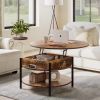 Round Lift Top Small Coffee Table with Storage Modern Farmhouse Center Table with Shelf 2 Tier Circle Table for Living Room Rustic Brown