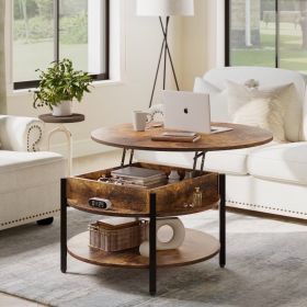 Round Lift Top Small Coffee Table with Storage Modern Farmhouse Center Table with Shelf 2 Tier Circle Table for Living Room Rustic Brown