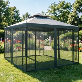 Gray 118'' X 118'' Steel Outdoor Patio Gazebo Canopy with Removable Mesh Curtains Display Shelves And Steel Frame