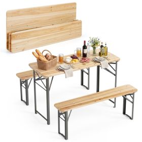 47" Foldable Picnic Table with 2 Benches, Solid Fir Wood Outdoor Dining Set with Sturdy Metal Frame for Patio Garden Backyard