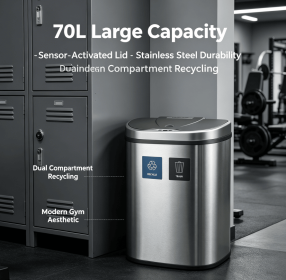 Large 70 Liter Touch Free Smart Motion Sensor Recycling Trash Can, Fingerprint Resistant Stainless Steel Dual Bin for Recyclables & General Waste, Od