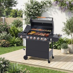 6 Burner BBQ Propane Gas Grill with Side Burner 72000 BTU Output Stainless Steel Barbecue Grill with Cast Iron Grates and Side Tables for Outdoor Coo