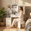 Vanity Desk with Sliding Mirror and Lights, Makeup Vanity Set with 4 Drawers, Stool, Open Shelves, 3 Color Adjustable Lighting Modes, Makeup Dressing