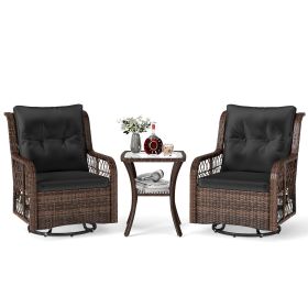 3 Pieces Patio Furniture Set PE Wicker Swivel Glider Chairs with 2-Tier Side Table and Cushions