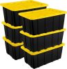 27 Gallon Durable Plastic Storage Tote with Snap-On Lid, Black and Yellow, 6 Pack