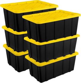 27 Gallon Durable Plastic Storage Tote with Snap-On Lid, Black and Yellow, 6 Pack