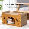 Cat Scratcher House with Bed and Hanging Toy, Wooden Cat Cave with Corrugated Scratching Board, Sun and Moon Design Hideaway Furniture for Indoor Cat