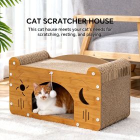 Cat Scratcher House with Bed and Hanging Toy, Wooden Cat Cave with Corrugated Scratching Board, Sun and Moon Design Hideaway Furniture for Indoor Cat