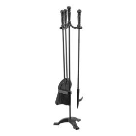 Fireplace Tool Set, 4 PCS Fire Tool Set and Holder with Three-Prong Stand, Ash Shovel, Brush, Fire Place Poker