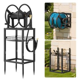Freestanding Garden Hose Reel, Holds 200 Feet of 5/8-inch Hose, Wall Mount or Ground Mount, Detachable Holder Stand with Storage Rack, 5 ft Leader Ho
