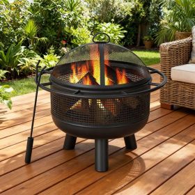 24 Inch Wood Burning Fire Pit with Log Grate and Mesh Screen for Outside