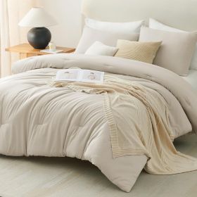 CozyLux Oatmeal King Size Comforter Set, 3 Pieces Solid Breathable Quilted Style Bedding Sets, Luxury Fluffy Soft Bed Set with Down Alternative Comfo