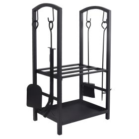 Firewood Rack, Outdoor Log Holder Rack with Fireplace Tools set, Fire Log Holder Wrought Iron Large Wood Stove with Hook, Broom, Shovel, Pliers,