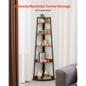 5 Tier Corner Shelf, 70" Tall Corner Bookshelf with Metal Frame & Wooden Shelves, Industrial Corner Ladder Shelf for Living Room, Bedroom, Office, Ru