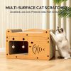 Cat Scratcher House with Bed and 2 Hanging Ball Toys, Wooden Cat Cave with Corrugated Scratching Board, Cute Fish and Heart Design Cat Hideaway Furni