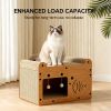 Cat Scratcher House with Bed and 2 Hanging Ball Toys, Wooden Cat Cave with Corrugated Scratching Board, Cute Fish and Heart Design Cat Hideaway Furni