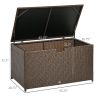 Outdoor Deck Box, PE Rattan Wicker with Liner, Hydraulic Lift, and A Handle for Indoor, Outdoor, Patio, Pool, Toys, Garden Tools, Brown