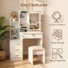 Vanity Desk with Sliding Mirror and Lights, Makeup Vanity Set with 4 Drawers, Stool, Open Shelves, 3 Color Adjustable Lighting Modes, Makeup Dressing