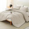 CozyLux Oatmeal King Size Comforter Set, 3 Pieces Solid Breathable Quilted Style Bedding Sets, Luxury Fluffy Soft Bed Set with Down Alternative Comfo