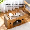 Cat Scratcher House with Bed and Hanging Toy, Wooden Cat Cave with Corrugated Scratching Board, Sun and Moon Design Hideaway Furniture for Indoor Cat