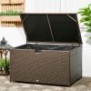 Outdoor Deck Box, PE Rattan Wicker with Liner, Hydraulic Lift, and A Handle for Indoor, Outdoor, Patio, Pool, Toys, Garden Tools, Brown