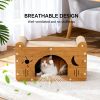 Cat Scratcher House with Bed and Hanging Toy, Wooden Cat Cave with Corrugated Scratching Board, Sun and Moon Design Hideaway Furniture for Indoor Cat