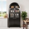 71" Fluted Tall Arched Pantry Cabinet with Adjustable Shelves, Elegant Display Storage with Hidden Drawer & Glass Door for Kitchen, Living Room, Dini