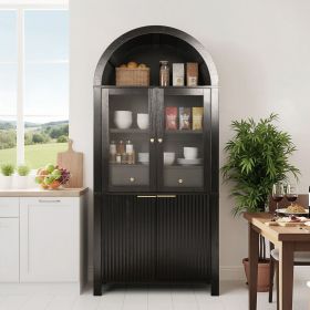 71" Fluted Tall Arched Pantry Cabinet with Adjustable Shelves, Elegant Display Storage with Hidden Drawer & Glass Door for Kitchen, Living Room, Dini (Color: Black)