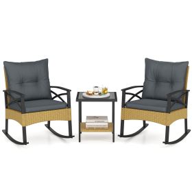 3 Pieces Outdoor Rattan Rocking Chairs Set with 2-Tier Side Table for Garden Backyard (Color: Gray)