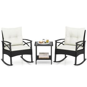 3 Pieces Outdoor Rattan Rocking Chairs Set with 2-Tier Side Table for Garden Backyard (Color: White)