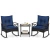 3 Pieces Outdoor Rattan Rocking Chairs Set with 2-Tier Side Table for Garden Backyard