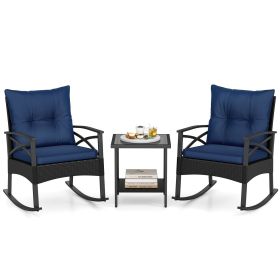 3 Pieces Outdoor Rattan Rocking Chairs Set with 2-Tier Side Table for Garden Backyard (Color: Navy)