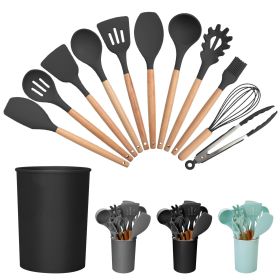 11Pcs Silicone Cooking Utensil Set Heat Resist Wooden Handle Silicone Spatula Turner Ladle Spaghetti Server Tongs Spoon Egg Whish Kitchenware Set w/ (Color: Black)