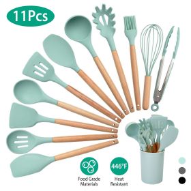 11Pcs Silicone Cooking Utensil Set Heat Resist Wooden Handle Silicone Spatula Turner Ladle Spaghetti Server Tongs Spoon Egg Whish Kitchenware Set w/ (Color: Light Green)