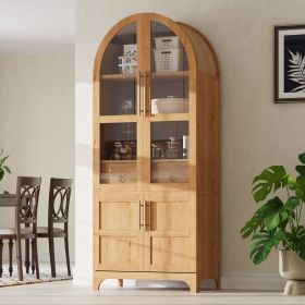 71" Tall Arched Kitchen Pantry Cabinet with Door Shelves, Farmhouse Kitchen Storage Cabinet with Open & Adjustable Shelves, Hidden Drawer & Glass Doo (Color: natural)
