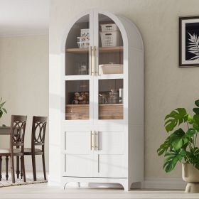 71" Tall Arched Kitchen Pantry Cabinet with Door Shelves, Farmhouse Kitchen Storage Cabinet with Open & Adjustable Shelves, Hidden Drawer & Glass Doo (Color: White)