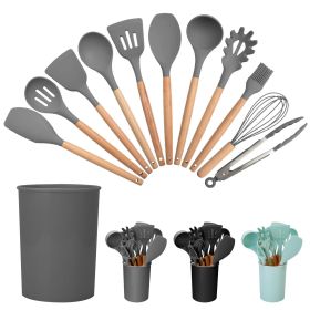 11Pcs Silicone Cooking Utensil Set Heat Resist Wooden Handle Silicone Spatula Turner Ladle Spaghetti Server Tongs Spoon Egg Whish Kitchenware Set w/ (Color: Grey)
