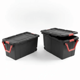Large Wheeled Industrial Storage Bin, 40 Gallon Rugged Plastic Storage Tote with Latch Lid and Pull Handle, 2 Pack (pack size: 2 Pack, Color: Black)
