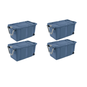 Large Wheeled Industrial Storage Bin, 40 Gallon Rugged Plastic Storage Tote with Latch Lid and Pull Handle, 2 Pack (pack size: 4 Pack, Color: Blue)